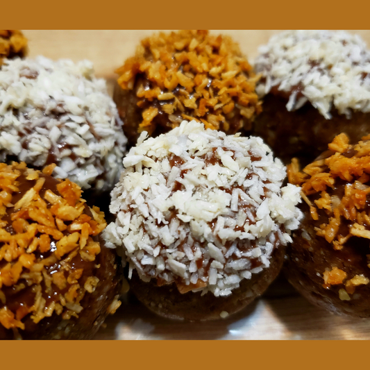 Raw vegan, plant-based, coconut date donut balls