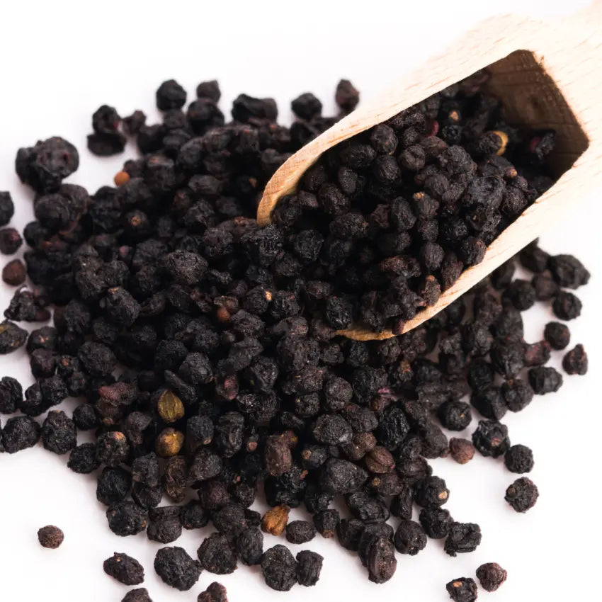 Elderberry has anti-inflammatory, antiviral, anti-influenza, and anticancer properties. It is used to treat colds, the flu, and allergies and remove mucus from the respiratory system. Other benefits include digestive health, urinary tract support, cardiovascular health, and respiratory function. 